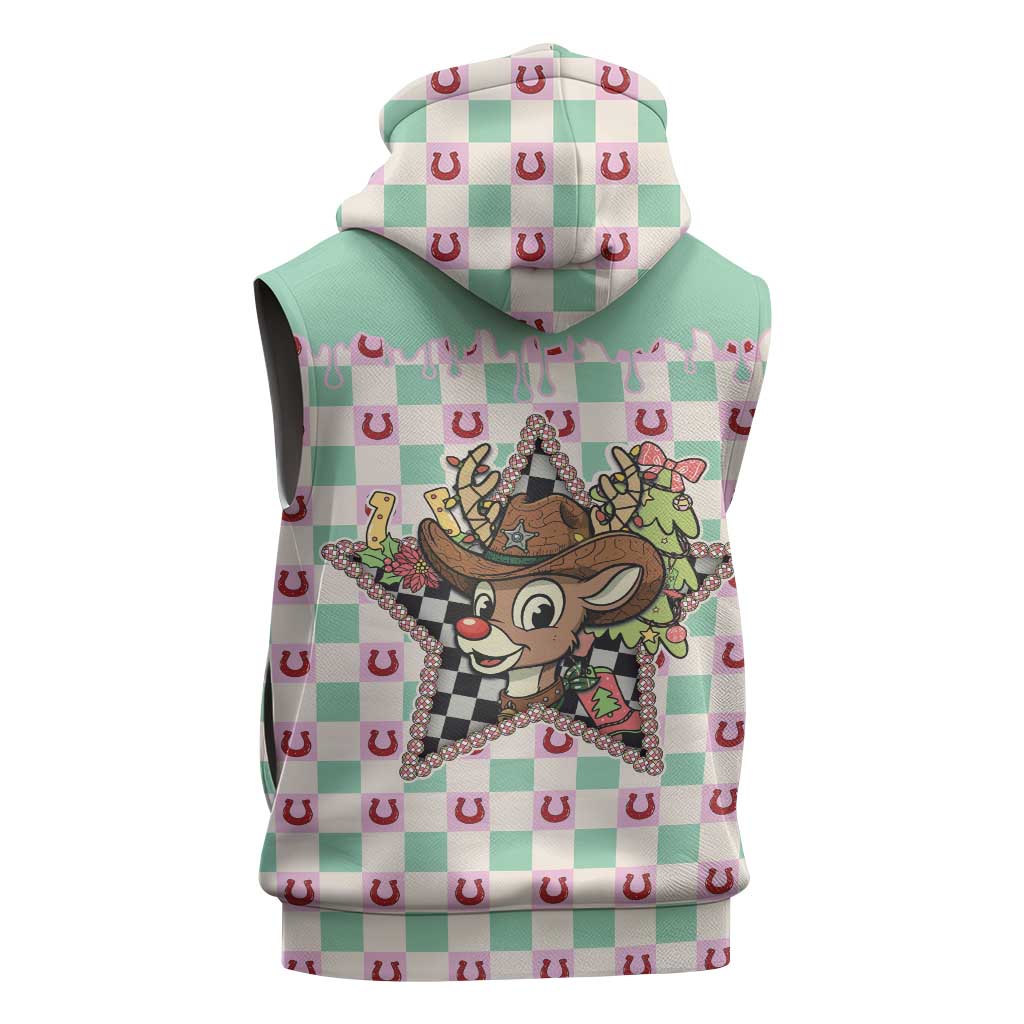 Western Yoke Sleeveless Hoodie Rudolph Cowboy Christmas Retro Style - Wonder Print Shop
