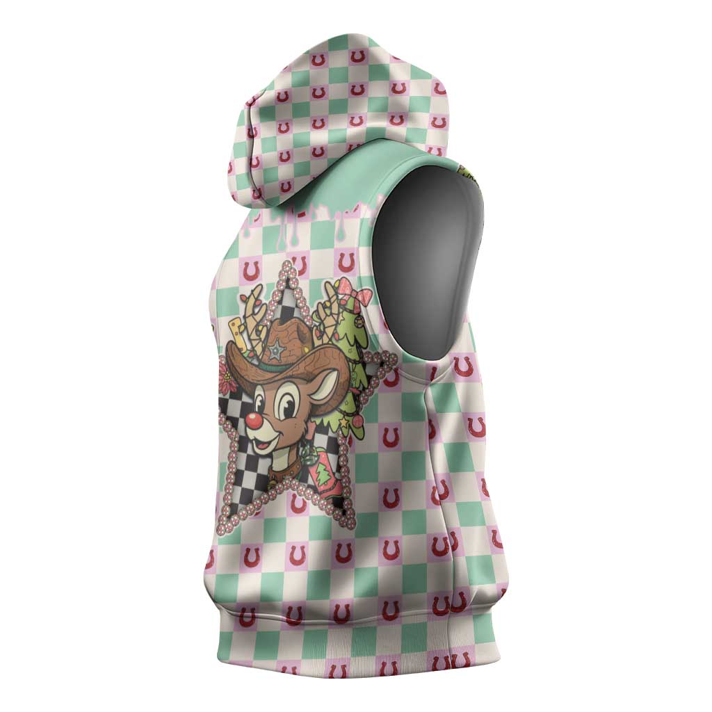 Western Yoke Sleeveless Hoodie Rudolph Cowboy Christmas Retro Style - Wonder Print Shop