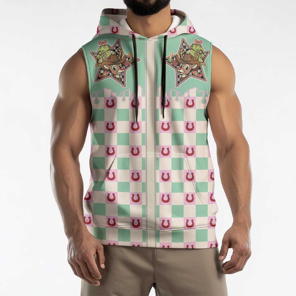 Western Yoke Sleeveless Hoodie Rudolph Cowboy Christmas Retro Style - Wonder Print Shop