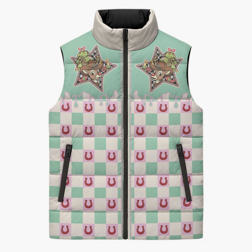 Western Yoke Sleeveless Puffer Jacket Rudolph Cowboy Christmas Retro Style - Wonder Print Shop