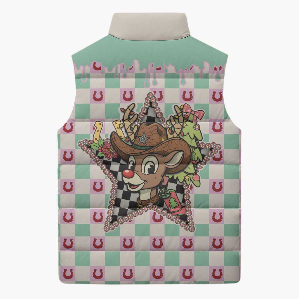 Western Yoke Sleeveless Puffer Jacket Rudolph Cowboy Christmas Retro Style - Wonder Print Shop