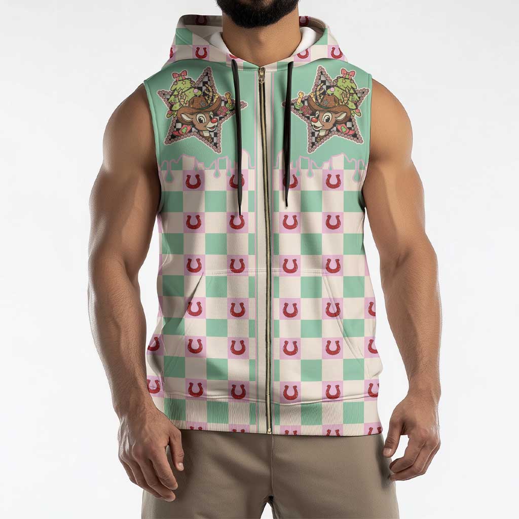 Western Yoke Sleeveless Zip Hoodie Rudolph Cowboy Christmas Retro Style - Wonder Print Shop