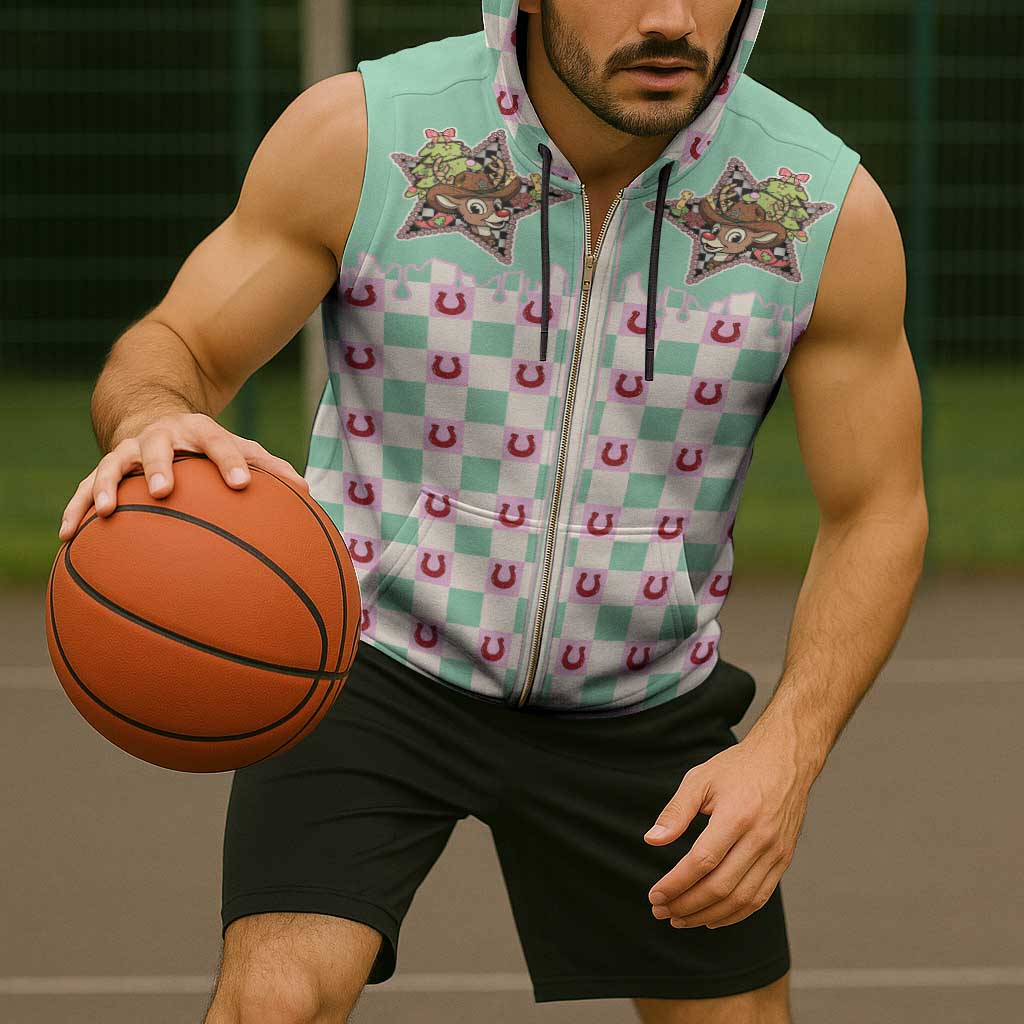 Western Yoke Sleeveless Zip Hoodie Rudolph Cowboy Christmas Retro Style - Wonder Print Shop