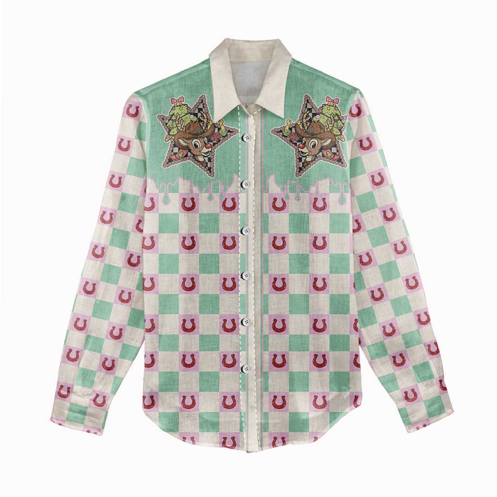 Western Yoke Women Casual Shirt Rudolph Cowboy Christmas Retro Style - Wonder Print Shop