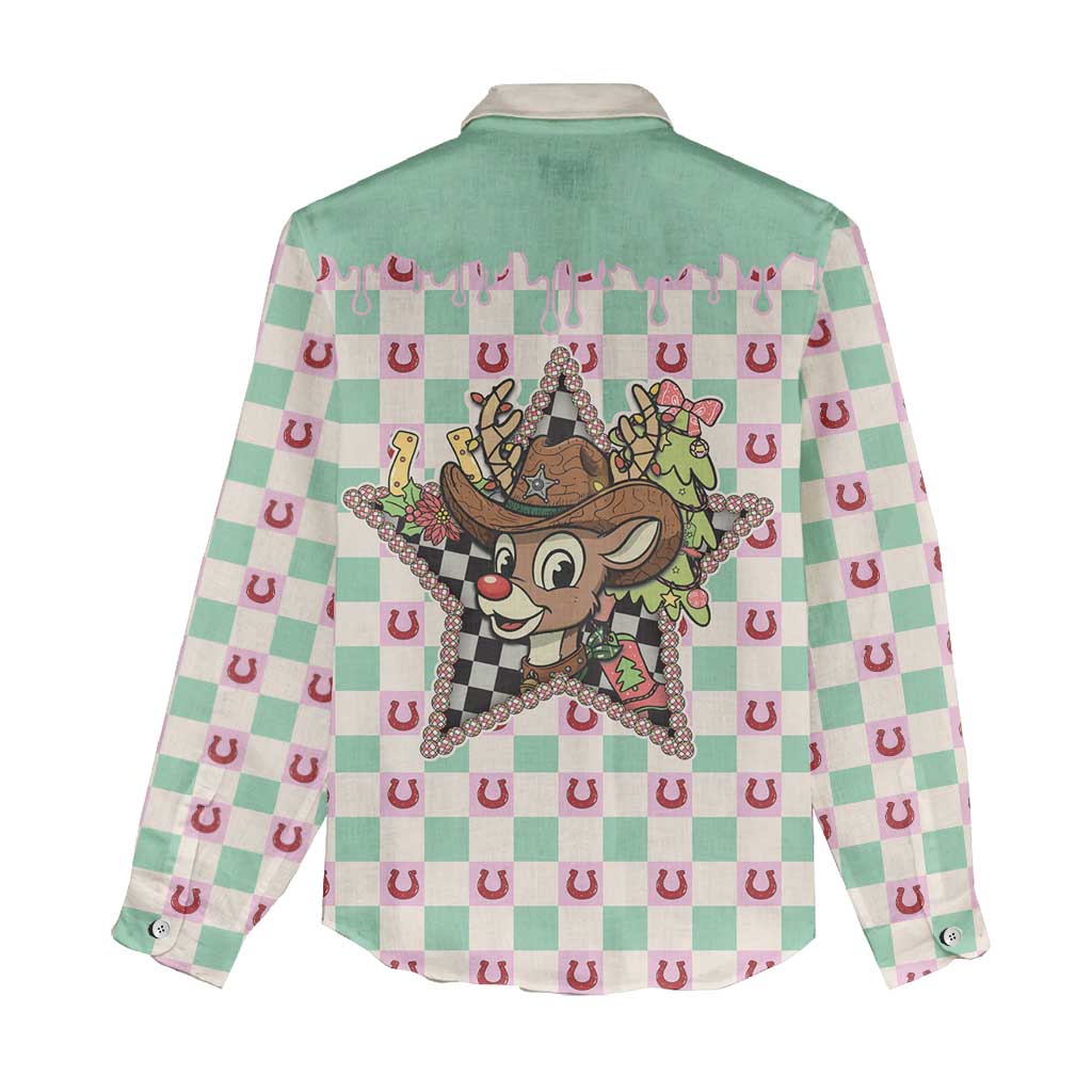 Western Yoke Women Casual Shirt Rudolph Cowboy Christmas Retro Style - Wonder Print Shop