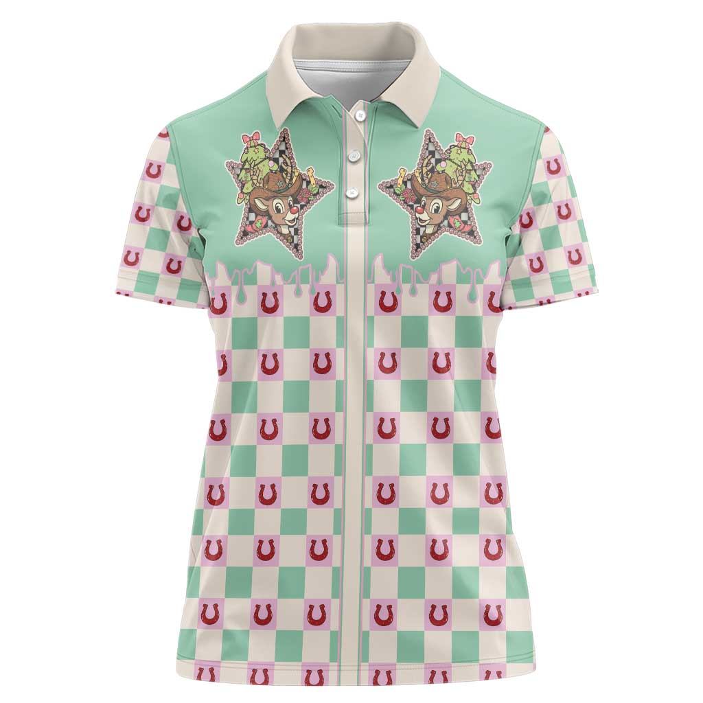 Western Yoke Women Polo Shirt Rudolph Cowboy Christmas Retro Style - Wonder Print Shop