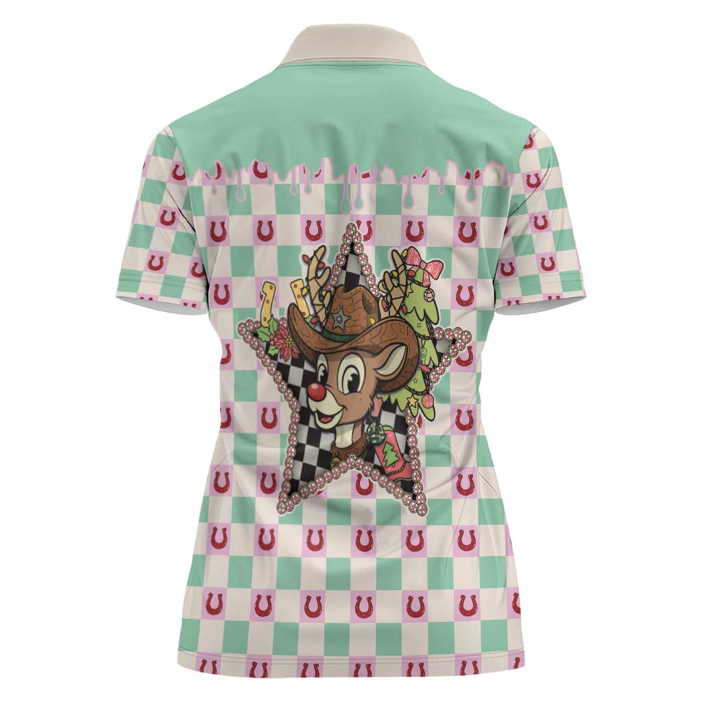 Western Yoke Women Polo Shirt Rudolph Cowboy Christmas Retro Style - Wonder Print Shop