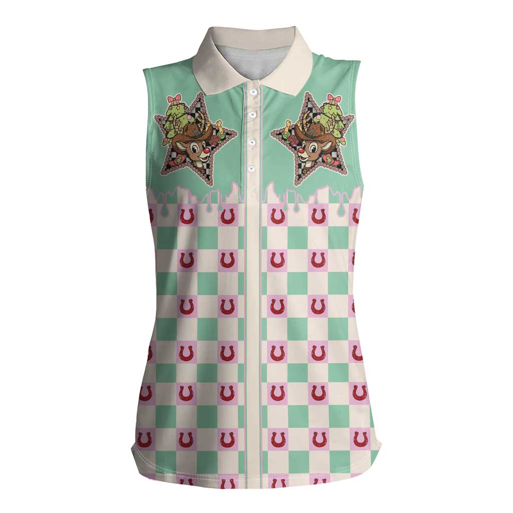 Western Yoke Women Sleeveless Polo Shirt Rudolph Cowboy Christmas Retro Style - Wonder Print Shop