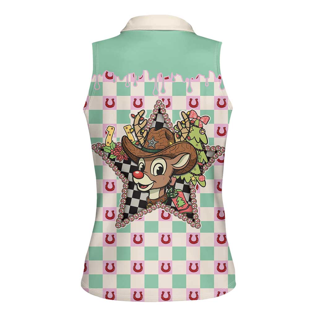 Western Yoke Women Sleeveless Polo Shirt Rudolph Cowboy Christmas Retro Style - Wonder Print Shop