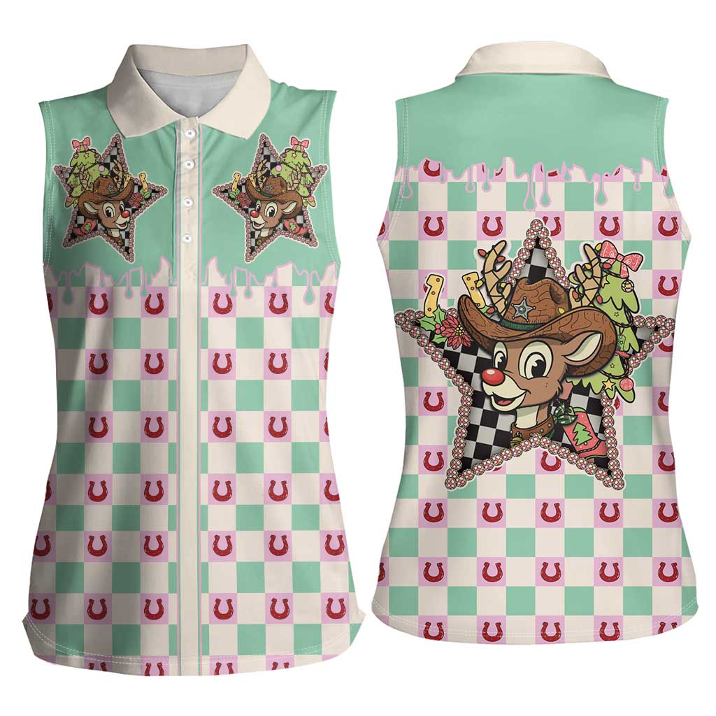 Western Yoke Women Sleeveless Polo Shirt Rudolph Cowboy Christmas Retro Style - Wonder Print Shop