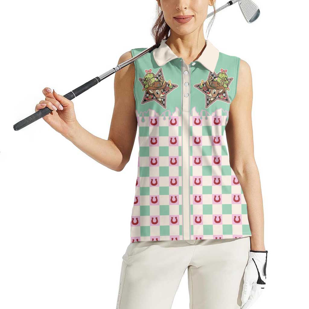Western Yoke Women Sleeveless Polo Shirt Rudolph Cowboy Christmas Retro Style - Wonder Print Shop