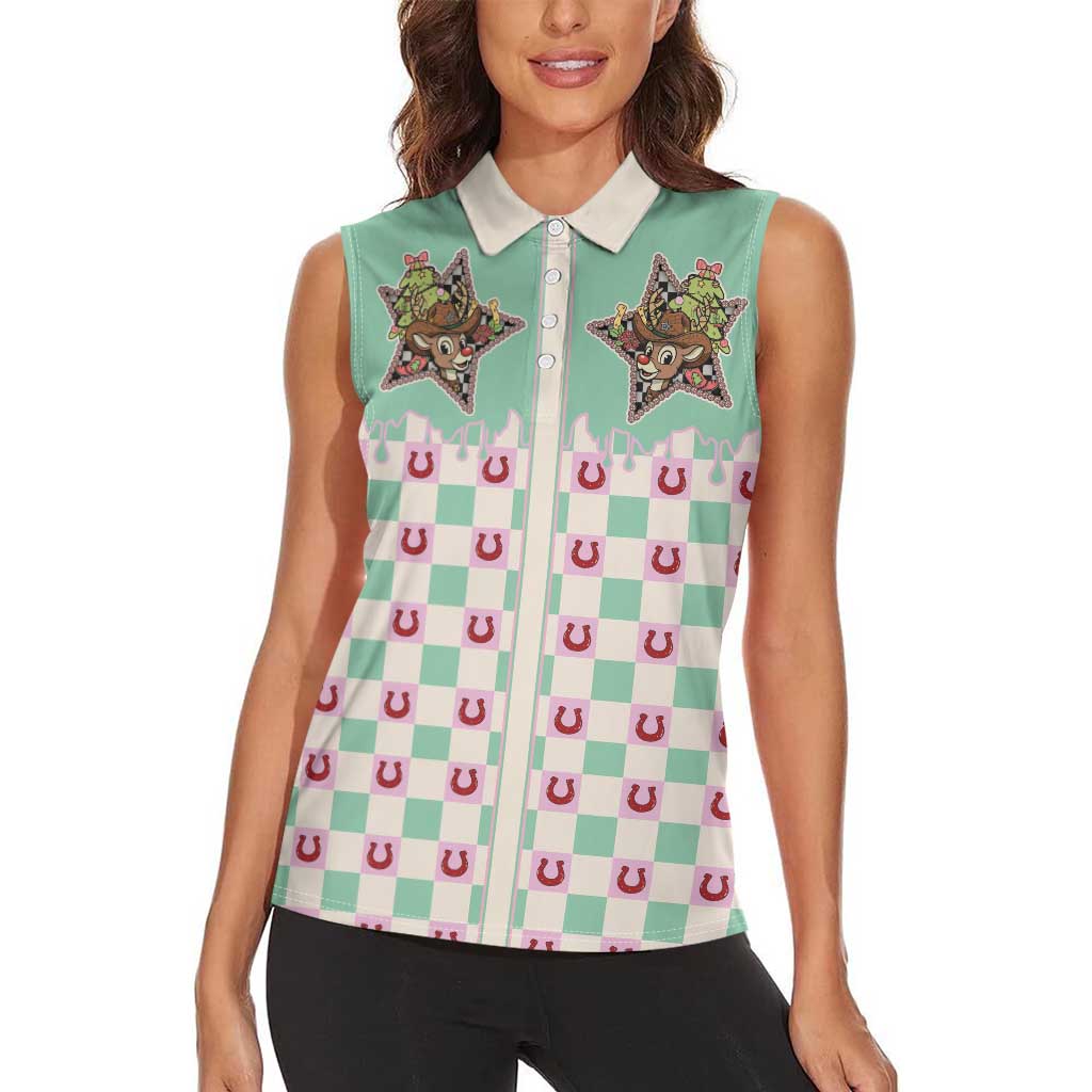 Western Yoke Women Sleeveless Polo Shirt Rudolph Cowboy Christmas Retro Style - Wonder Print Shop