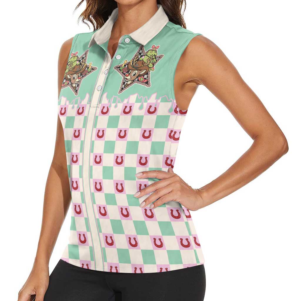Western Yoke Women Sleeveless Polo Shirt Rudolph Cowboy Christmas Retro Style - Wonder Print Shop