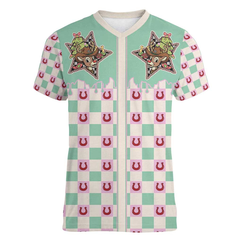 Western Yoke Women V-Neck T-Shirt Rudolph Cowboy Christmas Retro Style - Wonder Print Shop