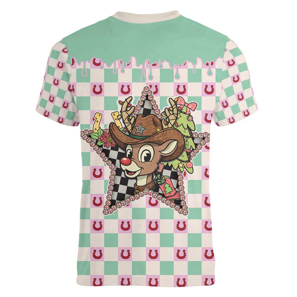 Western Yoke Women V-Neck T-Shirt Rudolph Cowboy Christmas Retro Style - Wonder Print Shop