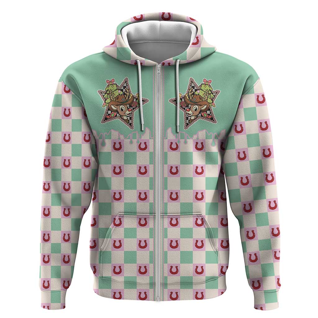 Western Yoke Zip Hoodie Rudolph Cowboy Christmas Retro Style - Wonder Print Shop