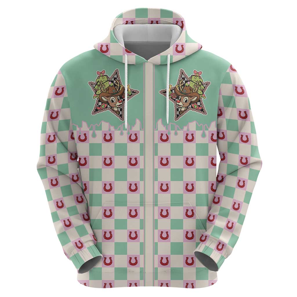 Western Yoke Zip Hoodie Rudolph Cowboy Christmas Retro Style - Wonder Print Shop