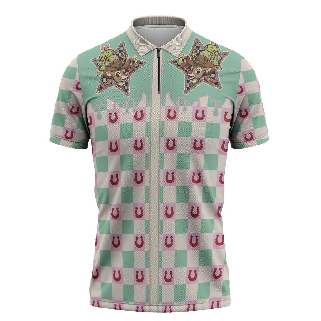 Western Yoke Zipper Polo Shirt Rudolph Cowboy Christmas Retro Style - Wonder Print Shop