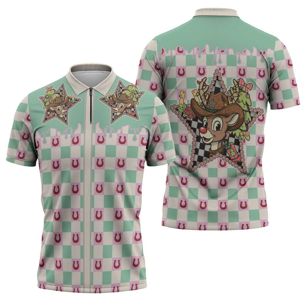 Western Yoke Zipper Polo Shirt Rudolph Cowboy Christmas Retro Style - Wonder Print Shop