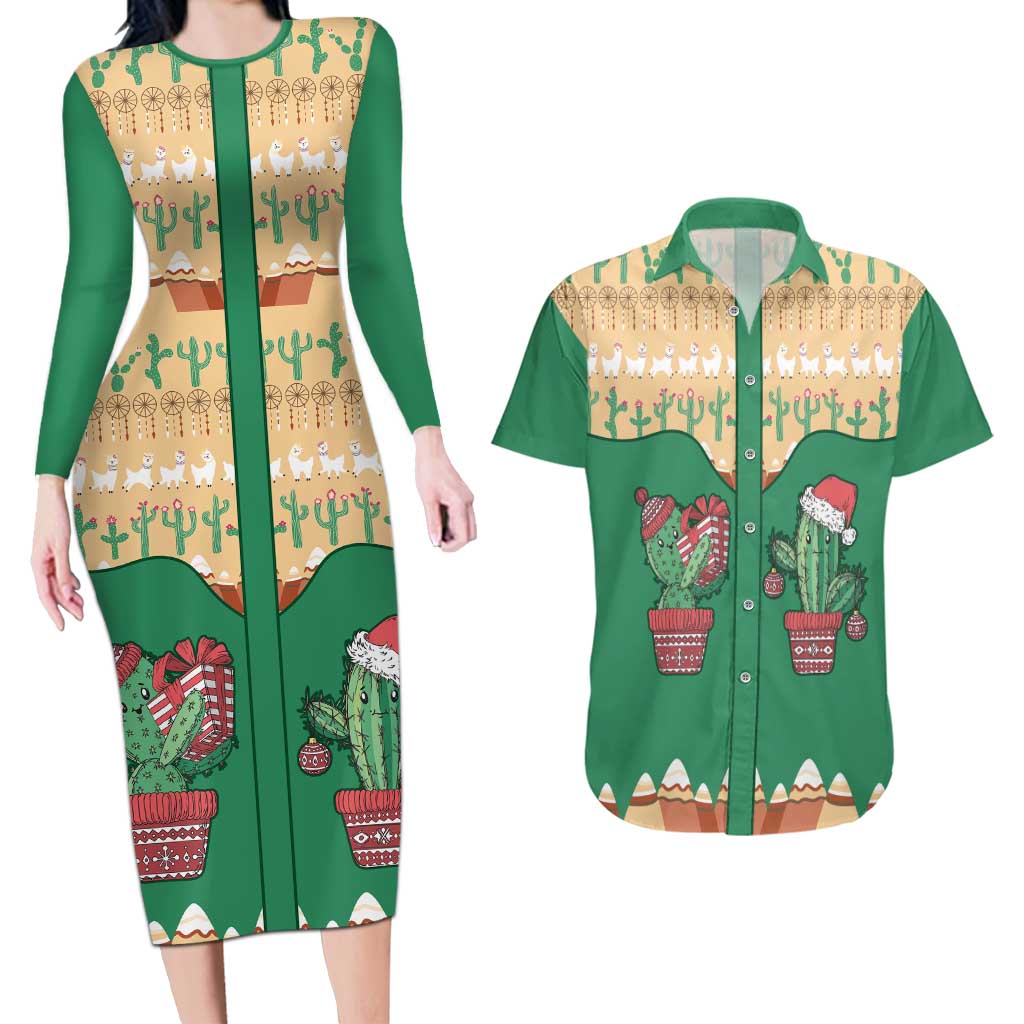 Western Yoke Couples Matching Long Sleeve Bodycon Dress and Hawaiian Shirt Cactus Christmas Cute Style - Wonder Print Shop