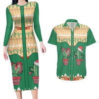 Western Yoke Couples Matching Long Sleeve Bodycon Dress and Hawaiian Shirt Cactus Christmas Cute Style - Wonder Print Shop