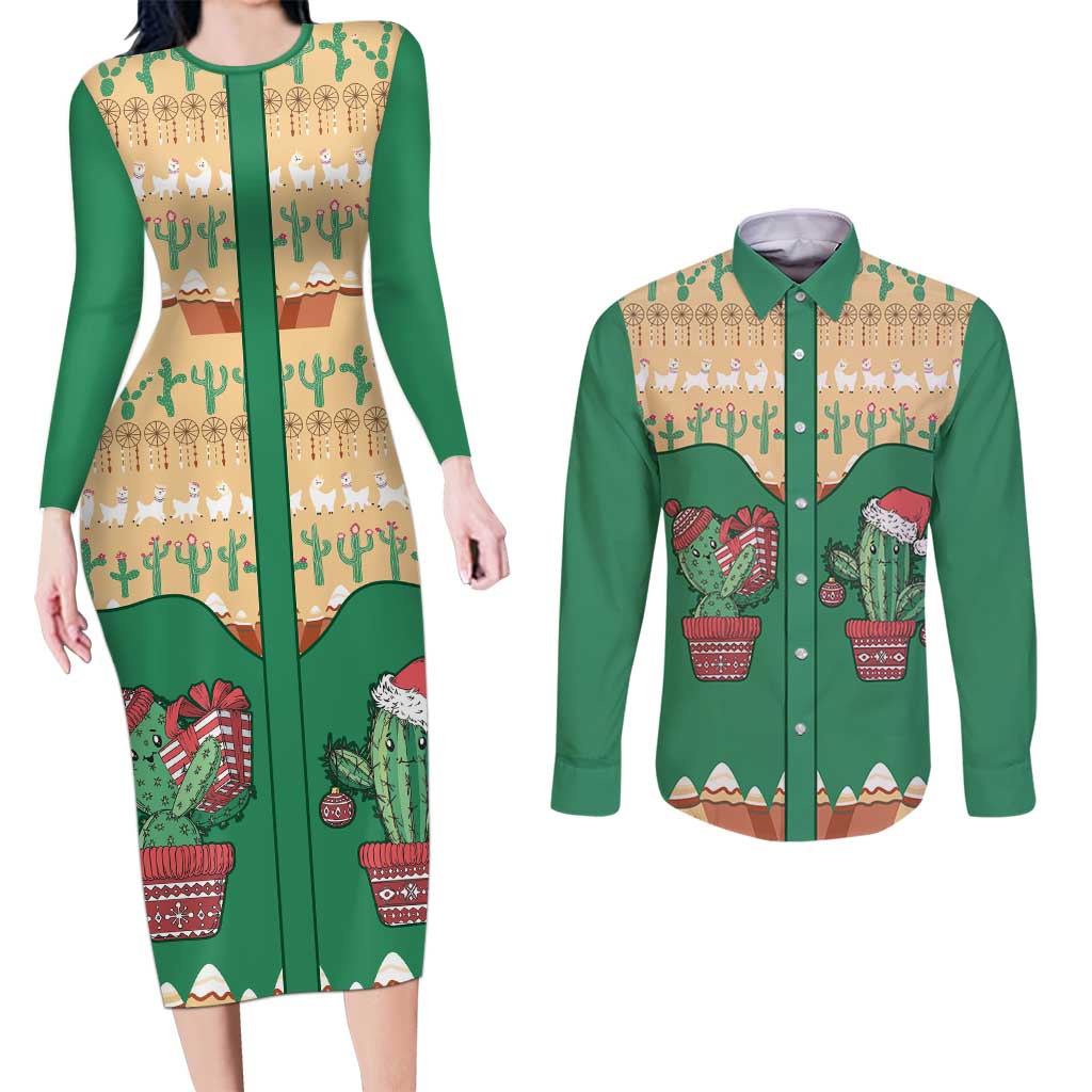 Western Yoke Couples Matching Long Sleeve Bodycon Dress and Long Sleeve Button Shirt Cactus Christmas Cute Style - Wonder Print Shop