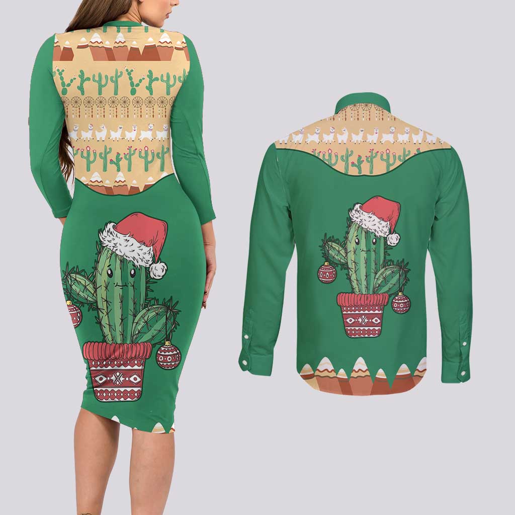 Western Yoke Couples Matching Long Sleeve Bodycon Dress and Long Sleeve Button Shirt Cactus Christmas Cute Style - Wonder Print Shop