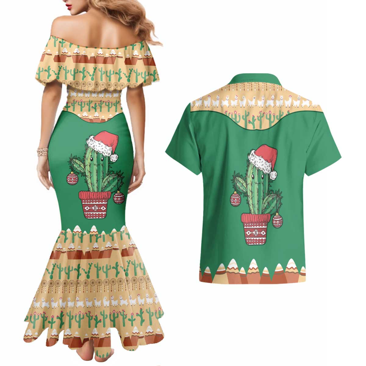 Western Yoke Couples Matching Mermaid Dress and Hawaiian Shirt Cactus Christmas Cute Style - Wonder Print Shop