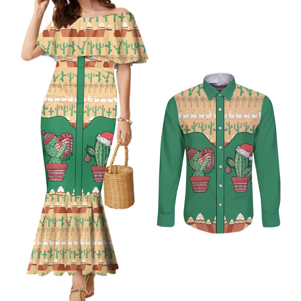 Western Yoke Couples Matching Mermaid Dress and Long Sleeve Button Shirt Cactus Christmas Cute Style - Wonder Print Shop