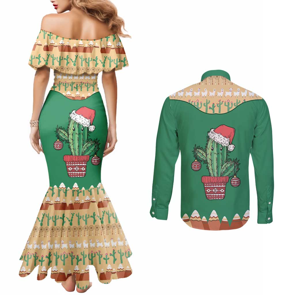 Western Yoke Couples Matching Mermaid Dress and Long Sleeve Button Shirt Cactus Christmas Cute Style - Wonder Print Shop