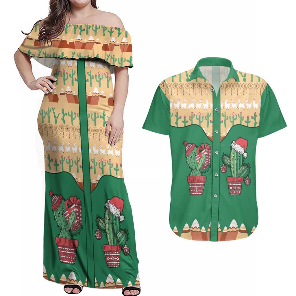 Western Yoke Couples Matching Off Shoulder Maxi Dress and Hawaiian Shirt Cactus Christmas Cute Style - Wonder Print Shop