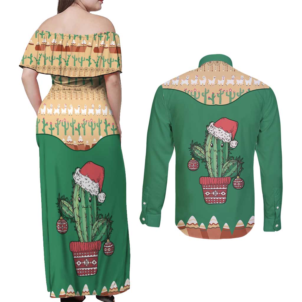 Western Yoke Couples Matching Off Shoulder Maxi Dress and Long Sleeve Button Shirt Cactus Christmas Cute Style - Wonder Print Shop