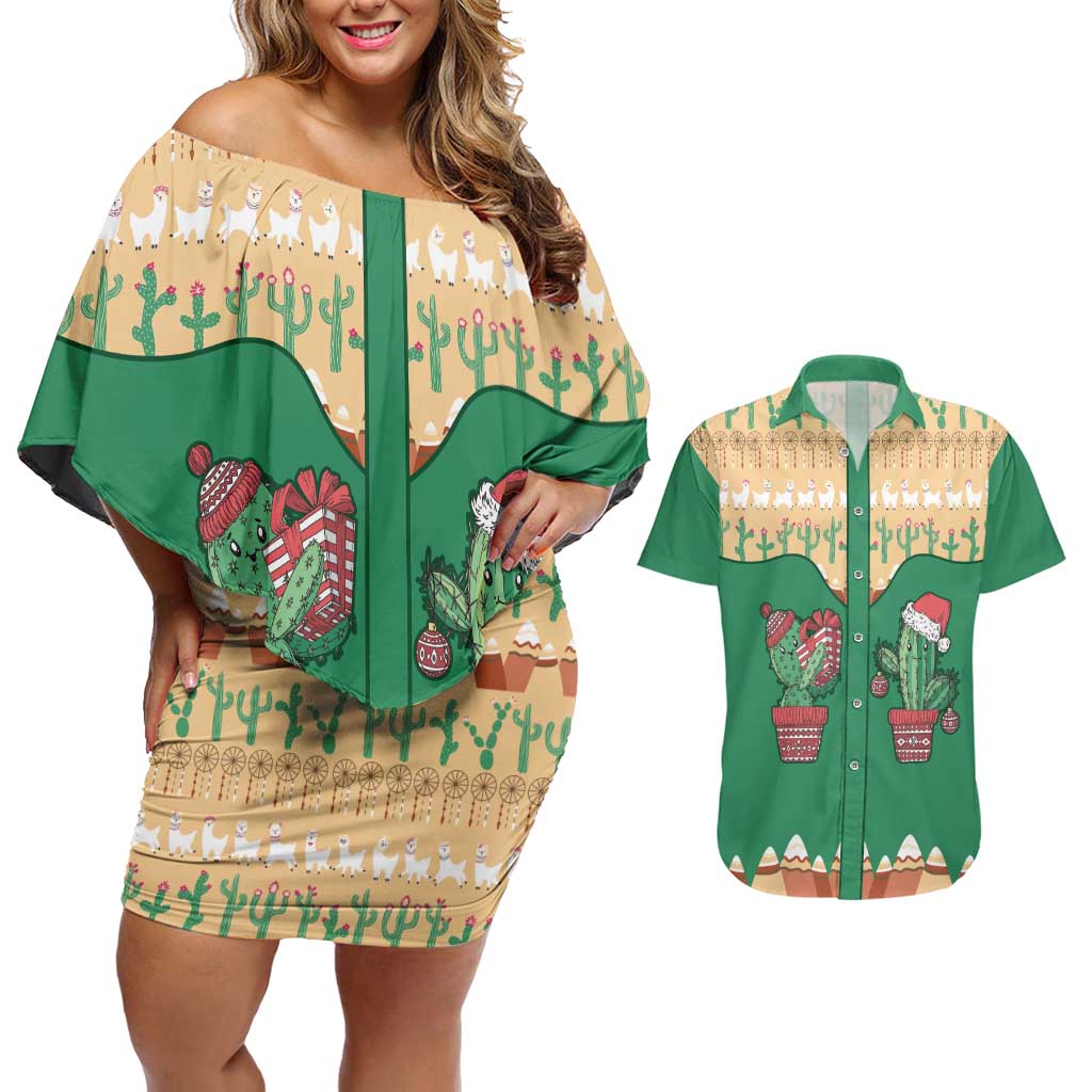 Western Yoke Couples Matching Off Shoulder Short Dress and Hawaiian Shirt Cactus Christmas Cute Style - Wonder Print Shop