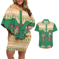 Western Yoke Couples Matching Off Shoulder Short Dress and Hawaiian Shirt Cactus Christmas Cute Style - Wonder Print Shop