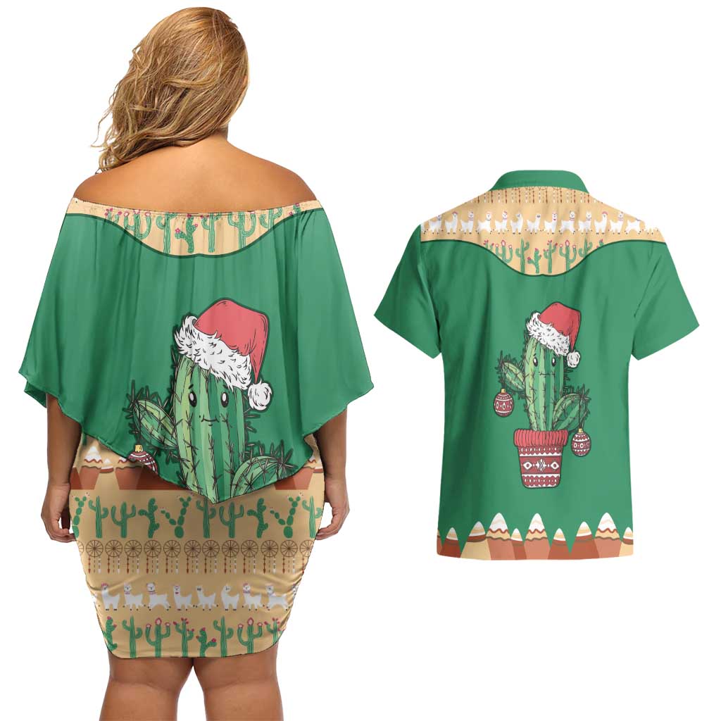 Western Yoke Couples Matching Off Shoulder Short Dress and Hawaiian Shirt Cactus Christmas Cute Style - Wonder Print Shop