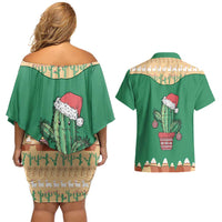 Western Yoke Couples Matching Off Shoulder Short Dress and Hawaiian Shirt Cactus Christmas Cute Style - Wonder Print Shop
