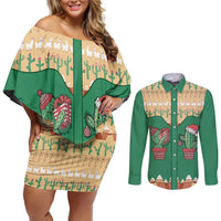 Western Yoke Couples Matching Off Shoulder Short Dress and Long Sleeve Button Shirt Cactus Christmas Cute Style - Wonder Print Shop