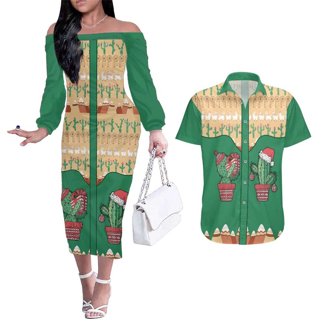 Western Yoke Couples Matching Off The Shoulder Long Sleeve Dress and Hawaiian Shirt Cactus Christmas Cute Style - Wonder Print Shop