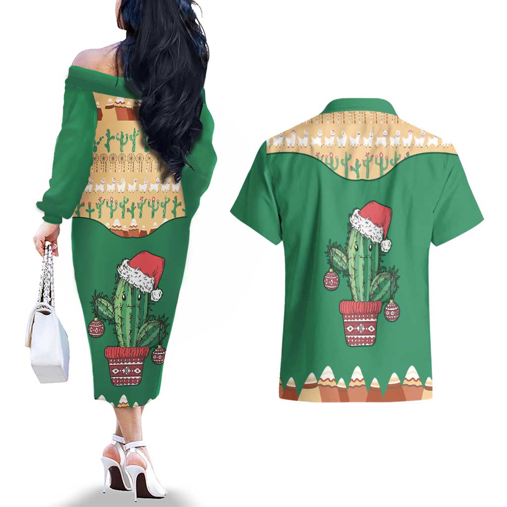 Western Yoke Couples Matching Off The Shoulder Long Sleeve Dress and Hawaiian Shirt Cactus Christmas Cute Style - Wonder Print Shop
