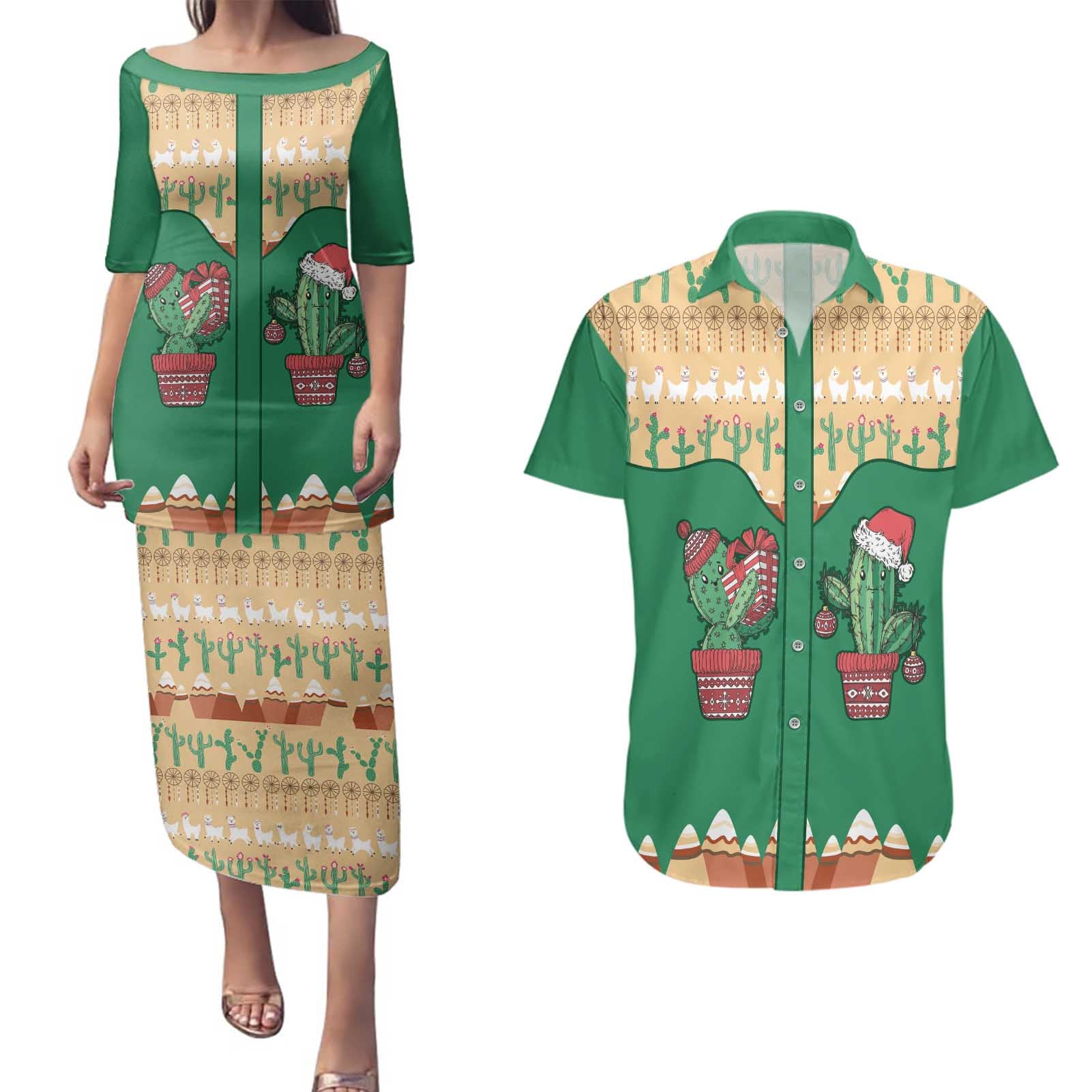 Western Yoke Couples Matching Puletasi and Hawaiian Shirt Cactus Christmas Cute Style - Wonder Print Shop
