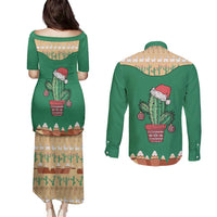 Western Yoke Couples Matching Puletasi and Long Sleeve Button Shirt Cactus Christmas Cute Style - Wonder Print Shop