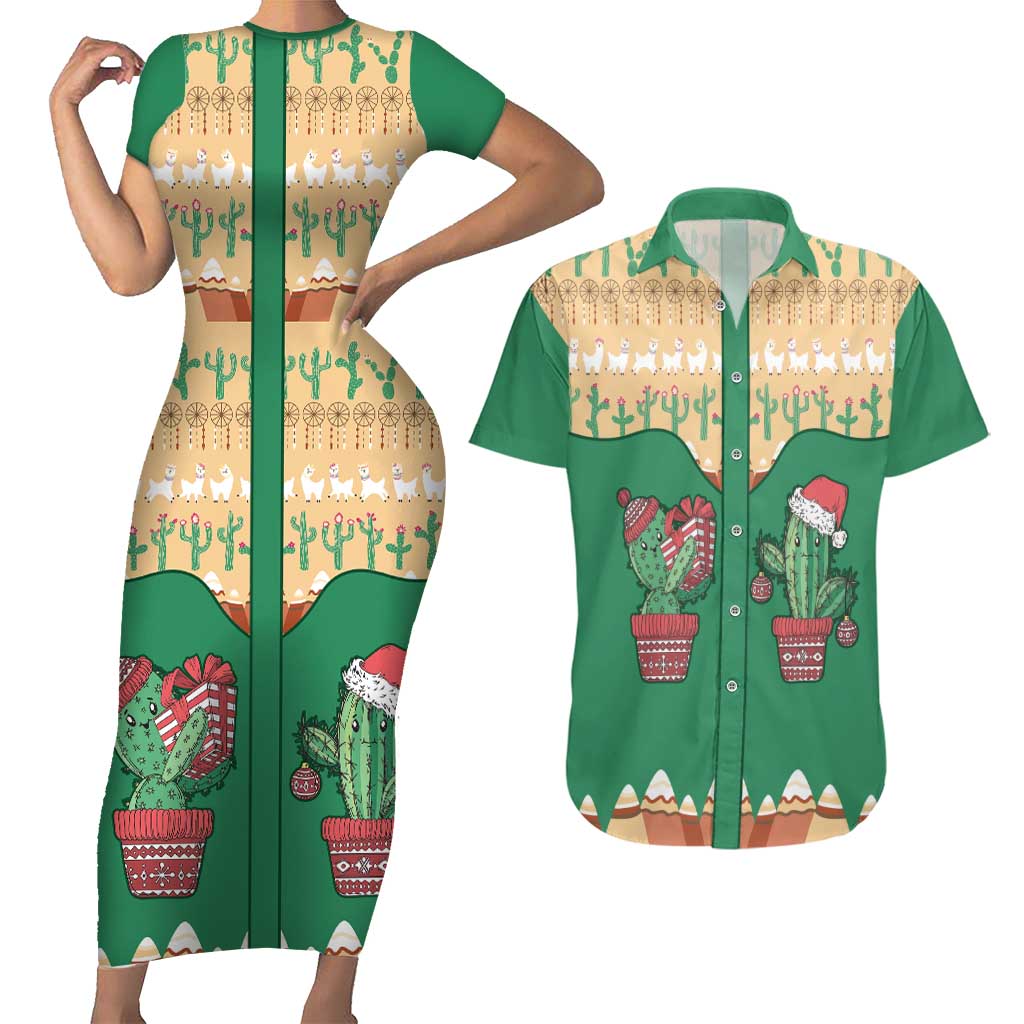 Western Yoke Couples Matching Short Sleeve Bodycon Dress and Hawaiian Shirt Cactus Christmas Cute Style - Wonder Print Shop