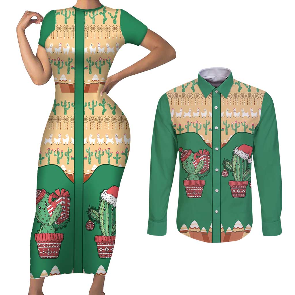 Western Yoke Couples Matching Short Sleeve Bodycon Dress and Long Sleeve Button Shirt Cactus Christmas Cute Style - Wonder Print Shop