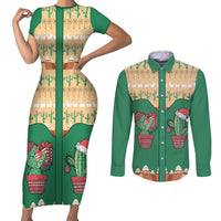Western Yoke Couples Matching Short Sleeve Bodycon Dress and Long Sleeve Button Shirt Cactus Christmas Cute Style - Wonder Print Shop
