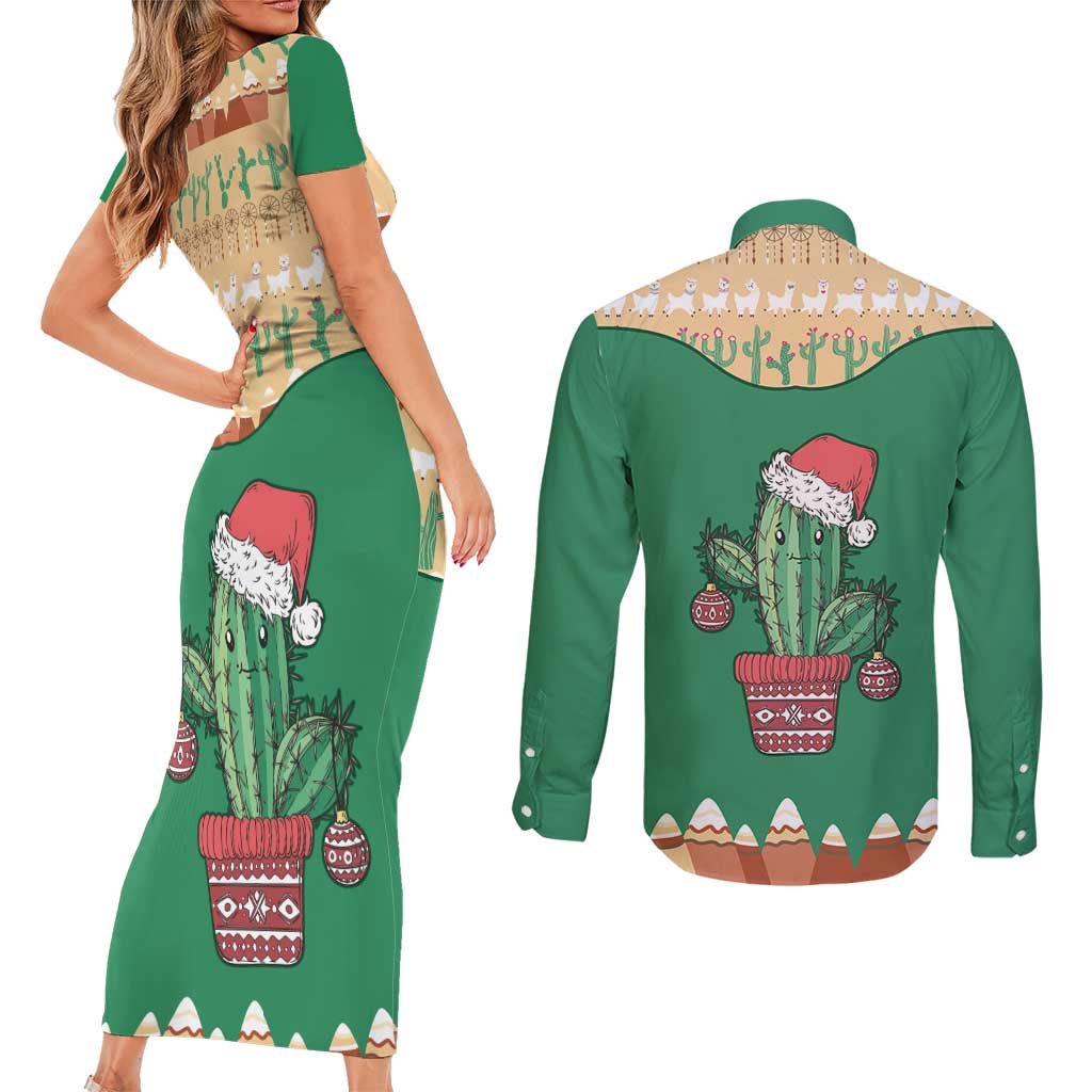 Western Yoke Couples Matching Short Sleeve Bodycon Dress and Long Sleeve Button Shirt Cactus Christmas Cute Style - Wonder Print Shop