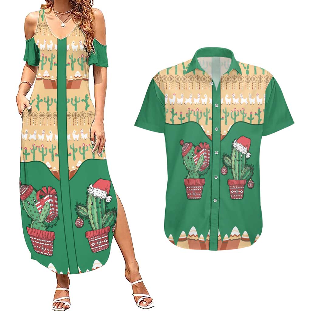 Western Yoke Couples Matching Summer Maxi Dress and Hawaiian Shirt Cactus Christmas Cute Style - Wonder Print Shop