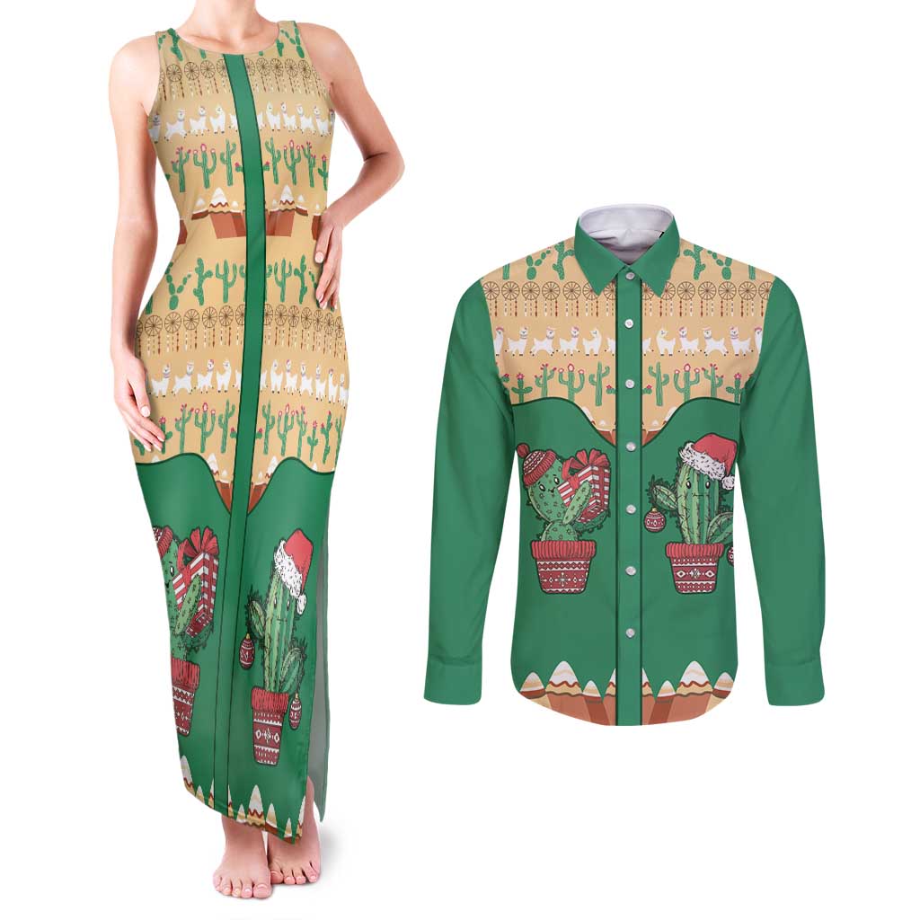 Western Yoke Couples Matching Tank Maxi Dress and Long Sleeve Button Shirt Cactus Christmas Cute Style - Wonder Print Shop