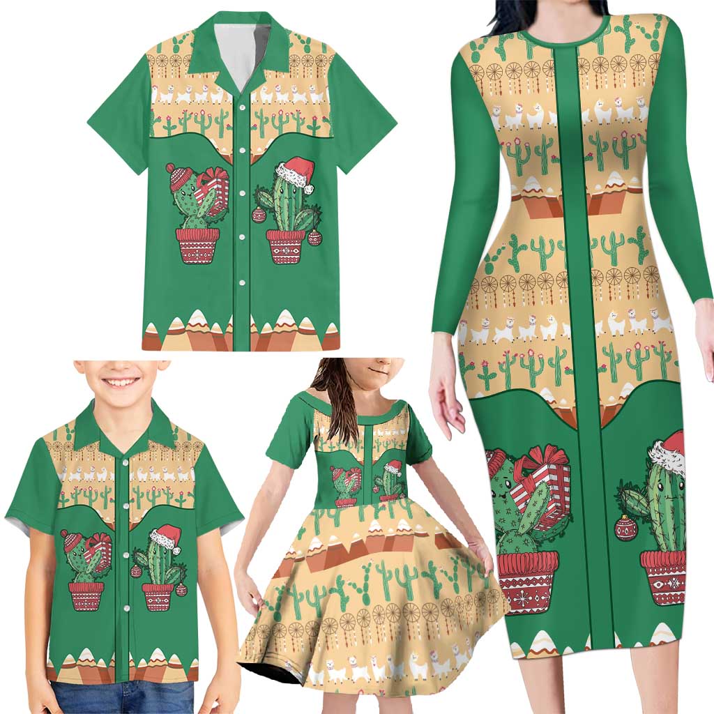 Western Yoke Family Matching Long Sleeve Bodycon Dress and Hawaiian Shirt Cactus Christmas Cute Style - Wonder Print Shop