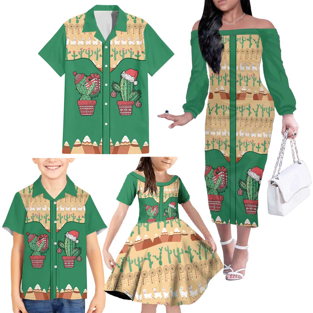 Western Yoke Family Matching Off The Shoulder Long Sleeve Dress and Hawaiian Shirt Cactus Christmas Cute Style - Wonder Print Shop