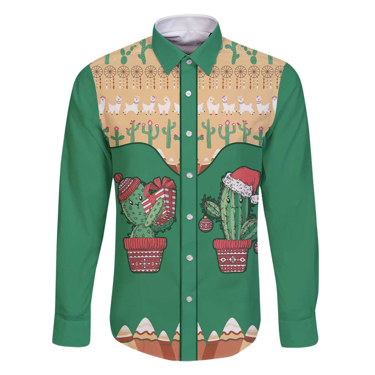 Western Yoke Family Matching Off The Shoulder Long Sleeve Dress and Hawaiian Shirt Cactus Christmas Cute Style - Wonder Print Shop